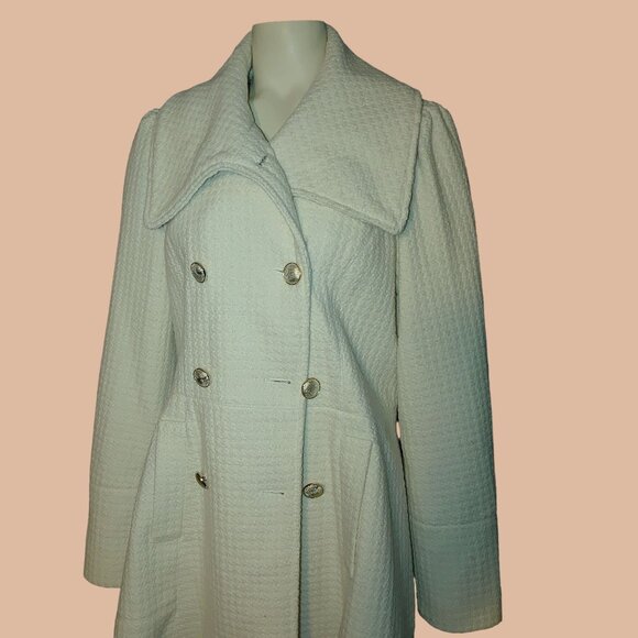 Worthington Peacoat Coat L Large Doube Breasted ivory Cream Slimmer Tweed - Picture 1 of 11